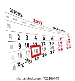 18 October highlighted on calendar 2017. Week starts from Monday. Vector Illustration.