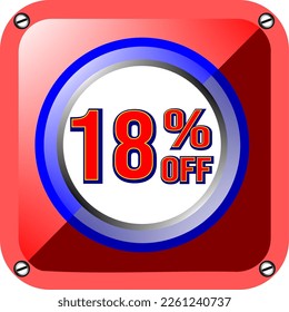 18% off. Banner for promotions and offers, poster vector illustration in blue, red and white, beautiful vector for commerce, economy and finance, illustrative frame. God is good!