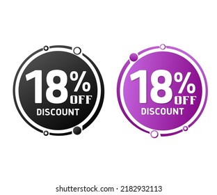 18% de descuento, colección de iconos de etiqueta de descuento circular. Juego de etiquetas de venta en negro y púrpura. ilustración vectorial