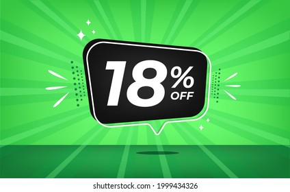 18% off. Green banner with eighteen percent discount on a black balloon for mega big sales.