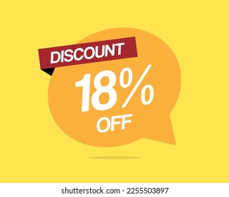 18% off label discount. Promotional banner, sale vector. Special offer tag. Orange balloon isolated on yellow background