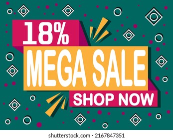18% off mega sale. Banner with 18% off icon. Shop now for online sales.