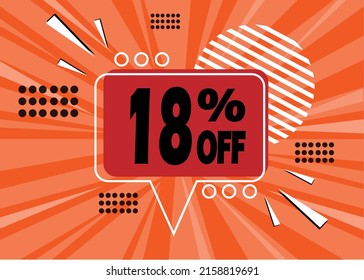 18% off. Orange banner with 18 percent discount on a red and black balloon for mega big sales.