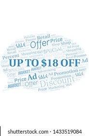 Up To $18 Off word cloud. Wordcloud made with text only.