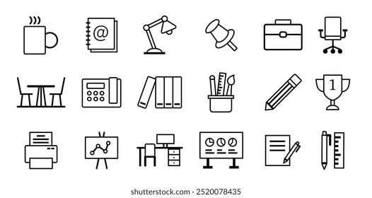 18 Office Objects, Accessories and Supplies Icons. Office Space Icons. Vector illustration.