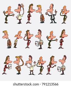 18 office workers characters in a different variations. The characters are angry, sad, happy,   Vector illustration to isolated and funny cartoons characters.