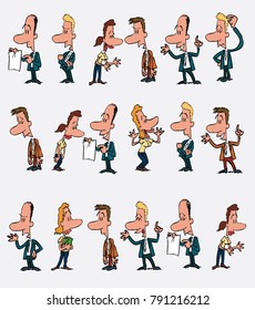 18 office workers characters in a different variations. The characters are angry, sad, happy, doubting... Vector illustration to isolated and funny cartoons characters.