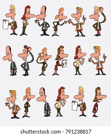 18 office workers characters in a different variations. The characters are angry, sad, happy, doubting...  Vector illustration to isolated and funny cartoons characters.