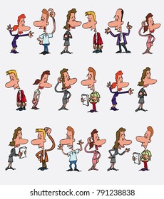 18 office workers characters in a different variations. The characters are angry, sad, happy, doubting...  Vector illustration to isolated and funny cartoons characters.