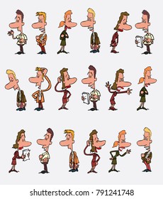 18 office workers characters in a different variations. The characters are angry, sad, happy, doubting... Vector illustration to isolated and funny cartoons characters.