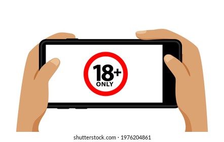18+ on smartphone blank screen in hand isolated on white, adults age only concept, over 18 plus only censored on mobile phone white screen, eighteen age older forbidden for adult content