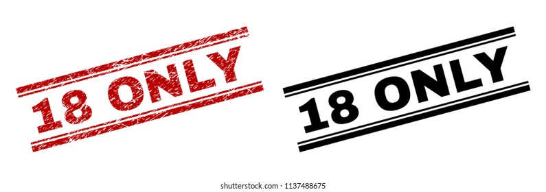18 ONLY stamp seal print with red corroded and clean black version. Red vector rubber print of 18 ONLY text with corroded effect. Captions are placed between double parallel lines.