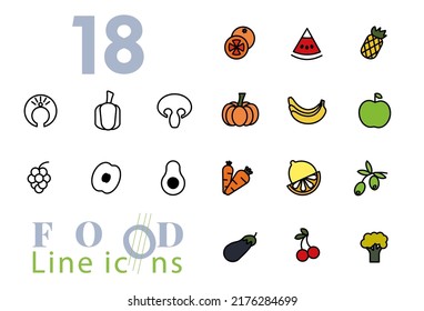 18 outline style icons of fruits and vegetables in color, white and black