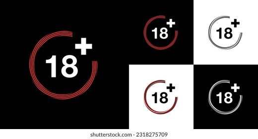 18 over years underage warning, 18+ year recommendation collection on red, white and black color. vector illustration
