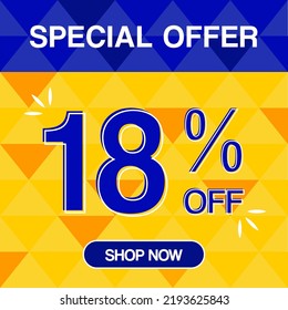 18% percent discount special offer tag orange and blue background shop now