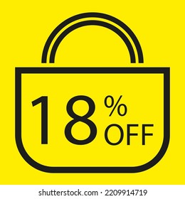 18 percent off. Yellow banner with shopping bag illustration. 