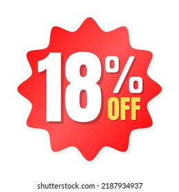 18% percent off(offer), shop now, red and yellow 3D super discount sticker, sale. vector illustration, 
