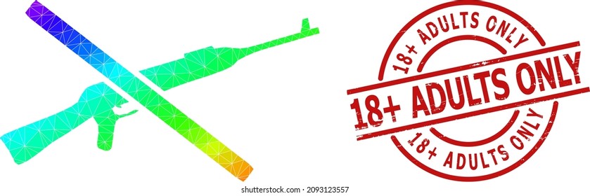 18 plus Adults Only corroded stamp, and lowpoly spectrum colored stop kalashnikov gun icon with gradient. Red stamp contains 18 plus ADULTS ONLY caption inside round and lines shape.