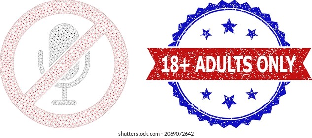 18 PLUS Adults Only textured seal, and stop microphone icon polygonal model. Red and blue bicolored seal contains 18 PLUS Adults Only tag inside ribbon and rosette. Abstract flat mesh stop microphone,
