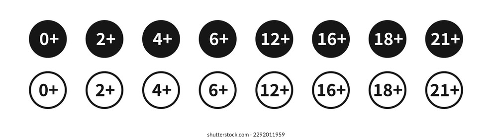 18 plus content icon. Age restriction symbol. Only over 0, 2, 4, 6, 12, 16, eighteen, 21 warning signs. Old symbols. Limit icons. Black color. Vector isolated sign.