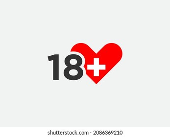 18 plus heart icon. Adults content only symbol. Vector Illustration.