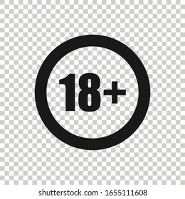 18 plus icon in flat style. Adult only vector illustration on white isolated background. Forbidden child business concept.