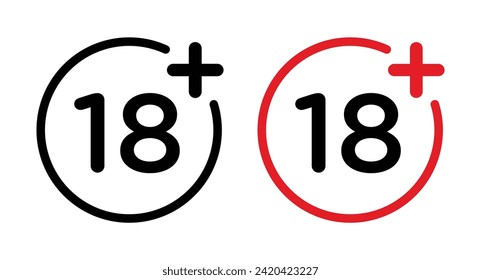 18 Plus icon set. Adult Plus Age Circle vector symbol in a black filled and outlined style. Eighteen years limit sign.