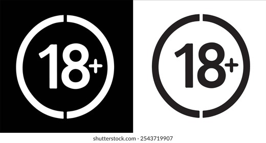 Conjunto de iconos 18 Plus. Símbolo de Vector de círculo de Edad Adult Plus en estilo relleno y delineado negro. Signo De Límite De 18 Años.

