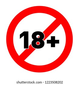 18 plus icon, under eighteen flat sign prohibition red symbol vector illustration isolated on white background.