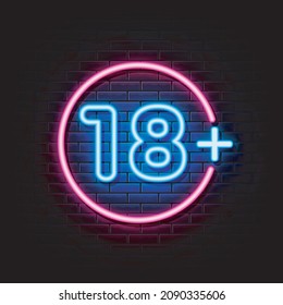 18 plus neon sign. neon symbol