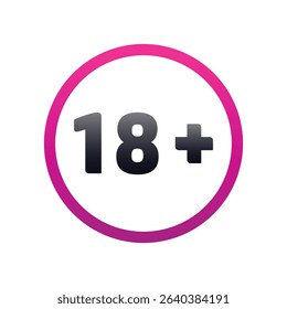 18 plus only - pink icon. Age limit under 18 years old is forbidden circle sign symbol vector illustration. Under 18 sign in on white background. Over 18 only censored. Eighteen age older forbidden.