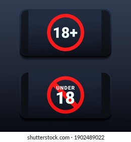 18 plus sign on smartphone screen. Eighteen years over. Under eighteen years prohibition sign. Mature video warning. Stop watching  porn campaign. Illustration vector
