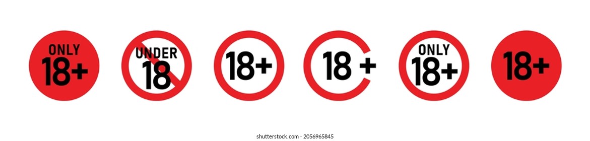 18 plus sign set. Eighteen. For adults only. Age restrictions, censorship, parental control. Icon for content, movies, clubs and bars.