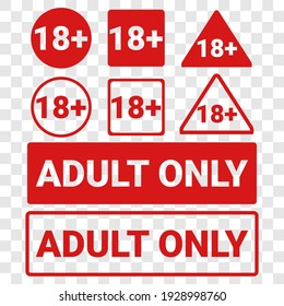 18 más signo. Aviso sólo por 18 años o más. Dieciocho años más. Cartel de prohibición de menores de dieciocho años. Solo para adultos. Aislado sobre un fondo transparente. Vector de ilustración