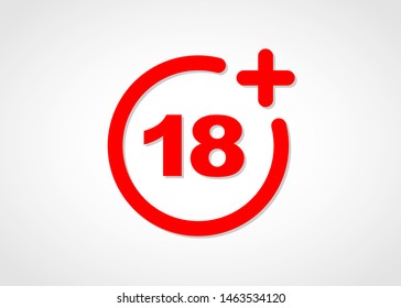 18 plus symbol. Red circular icon isolated on grey and white background.