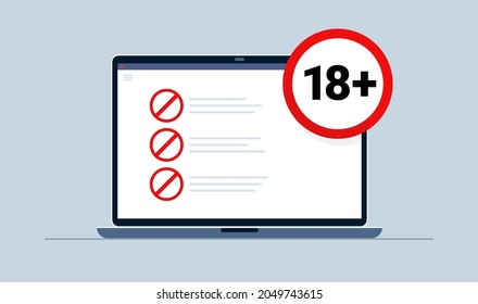 18 plus warning round icon on laptop with prohibited content. Eighteen.  Adult content. Vector