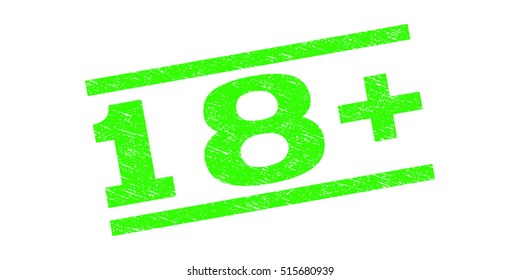 18 Plus watermark stamp. Text tag between parallel lines with grunge design style. Rubber seal stamp with dirty texture. Vector light green color ink imprint on a white background.