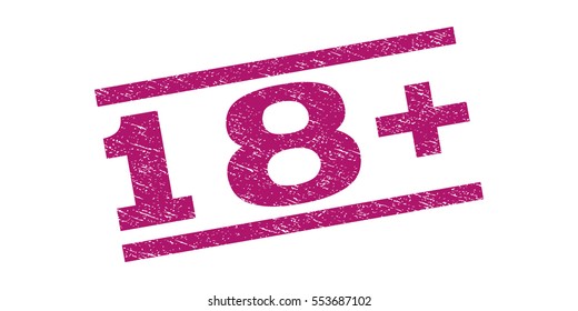 18 Plus watermark stamp. Text tag between parallel lines with grunge design style. Rubber seal stamp with scratched texture. Vector purple color ink imprint on a white background.