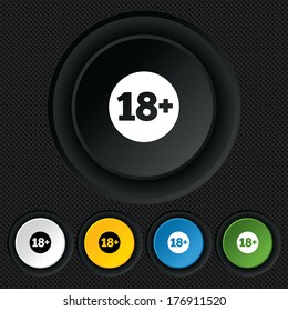18 plus years old sign. Adults content icon. Round colourful buttons on black texture. Vector
