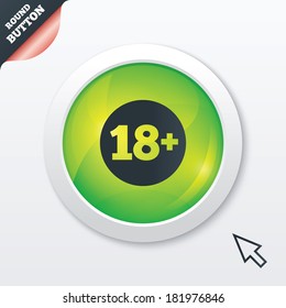 18 plus years old sign. Adults content icon. Green shiny button. Modern UI website button with mouse cursor pointer. Vector