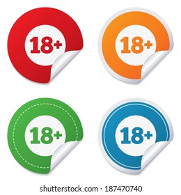 18 plus years old sign. Adults content icon. Round stickers. Circle labels with shadows. Curved corner. Vector