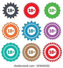 18 plus years old sign. Adults content icon. Stars stickers. Certificate emblem labels. Vector