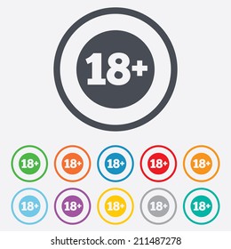 18 plus years old sign. Adults content icon. Round circle buttons with frame. Vector