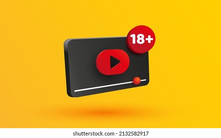 18 plus years old sign. Adults content icon. 18 + age restriction with play video button 3d vector icon. Media player sign or subscribe symbol