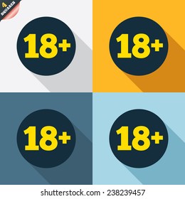 18 plus years old sign. Adults content icon. Four squares. Colored Flat design buttons. Vector