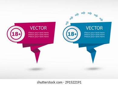 18 plus years old sign. Adults content icon on origami paper speech bubble or web banner, prints. Vector illustration