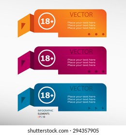 18 plus years old sign. Adults content icon on origami paper banners. Can be used for workflow layout, diagram, business step options, banner, web design
