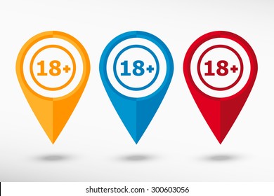 18 plus years old sign. Adults content icon  map pointer, vector illustration. Flat design style