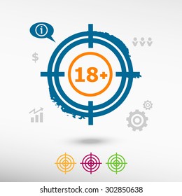 18 plus years old sign. Adults content icon on target icons background. Flat illustration.