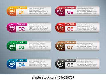 18 plus years old sign. Adults content icon and marketing icons on Infographic design template